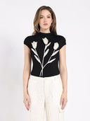 3D Flower Applique Cap Sleeve Mock Neck Top TOP Gracia Fashion BLACK S 