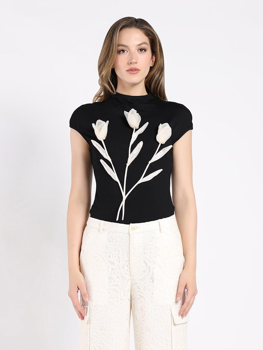 3D Flower Applique Cap Sleeve Mock Neck Top TOP Gracia Fashion BLACK S 