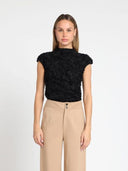 3D Flower Detail Cap Sleeve Top TOP Gracia Fashion BLACK S 