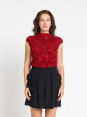 3D Flower Detail Cap Sleeve Top TOP Gracia Fashion DARK RED S 