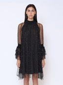 Flounce Sleeve Mesh Sparkling Mock Neck Dress