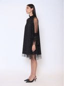 Flounce Sleeve Mesh Sparkling Mock Neck Dress