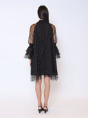 Flounce Sleeve Mesh Sparkling Mock Neck Dress