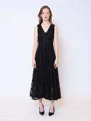 V-Neck Sleeveless Lace A-Line Long Solid Dress