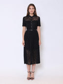 Lace Floral Button Front Mock Neck Belted Dress