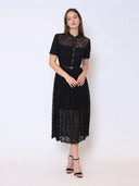 Lace Floral Button Front Mock Neck Belted Dress