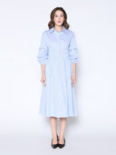 Shirred Waist Puff Sleeve Stripe Cotton Dress