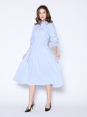 Shirred Waist Puff Sleeve Stripe Cotton Dress