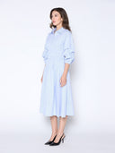 Shirred Waist Puff Sleeve Stripe Cotton Dress