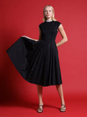 Pearl Beaded Mock Neck Pleated Cap Sleeve Dress