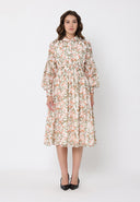 Leaf print puffed long sleeve belt dress