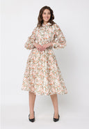 Leaf print puffed long sleeve belt dress