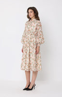 Leaf print puffed long sleeve belt dress