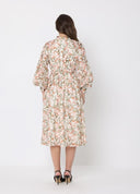 Leaf print puffed long sleeve belt dress