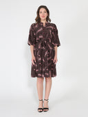 Long Puffed Sleeve Printed Belt Dress