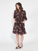 Long Puffed Sleeve Printed Belt Dress