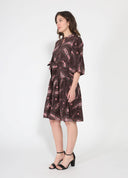 Long Puffed Sleeve Printed Belt Dress