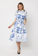 Floral Print Short Sleeve Front Button Down Dress