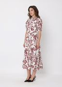 Floral Print Puff Sleeve Button Down Midi Dress