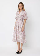 Floral Print Puff Sleeve Elastic Waist A-Line Dres