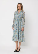Floral Print Tie Neck Smocked Elastic Waist Dress