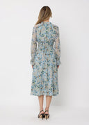 Floral Print Tie Neck Smocked Elastic Waist Dress