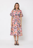 Floral Print Puff Sleeve Elastic Waist Midi-Dress