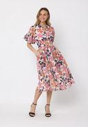 Floral Print Puff Sleeve Elastic Waist Midi-Dress