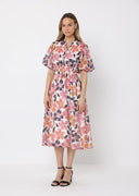 Floral Print Puff Sleeve Elastic Waist Midi-Dress