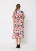 Floral Print Puff Sleeve Elastic Waist Midi-Dress
