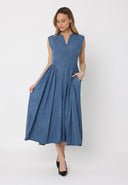 Side Gathered Sleeveless Denim Midi Dress