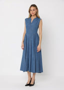 Side Gathered Sleeveless Denim Midi Dress