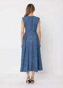 Side Gathered Sleeveless Denim Midi Dress