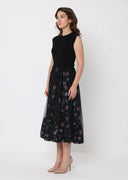 Sleeveless Ribbed Knit Bodice W/Floral Mesh Skirt