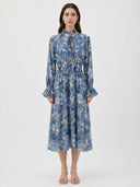 Long Sleeve Tie Neck W/ Elastic Waist Midi Dress