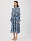 Long Sleeve Tie Neck W/ Elastic Waist Midi Dress