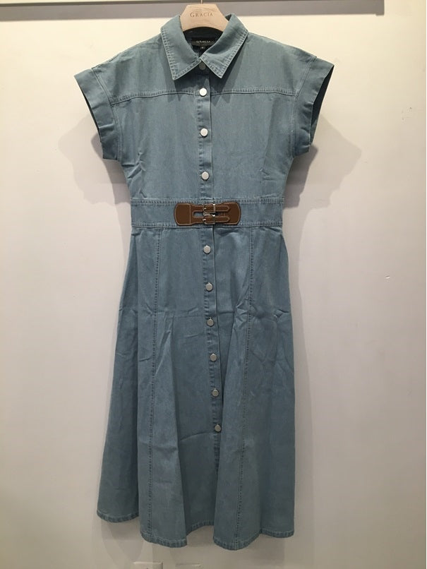 Sleeveless front button open denim dress