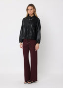 Drawstring Hem Button-Down Boxy Pleather Jacket