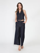 Contrast stitch wide leg casual pants