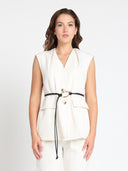 Sleeveless belted vest with pleated shoulder
