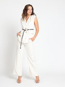 Sleeveless belted vest with pleated shoulder