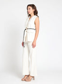 Sleeveless belted vest with pleated shoulder