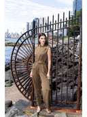 V-Neck Waist Belt Detail Lapelled Jumpsuit