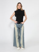 Contrast Color Wide Leg Denim Pant