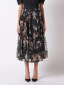Sheer Flower-Print Embroidery Flare Banding Skirt