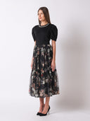 Sheer Flower-Print Embroidery Flare Banding Skirt