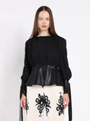 Blouse with Leather Cuffs And Peplum Bottom (PRE ORDER)