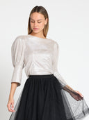 Shiny Glittery Cuff Long Sleeve Back-Button Blouse