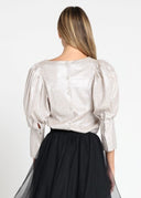 Shiny Glittery Cuff Long Sleeve Back-Button Blouse
