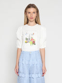 Graphic Puff Sleeve Top with Pearl Detailing